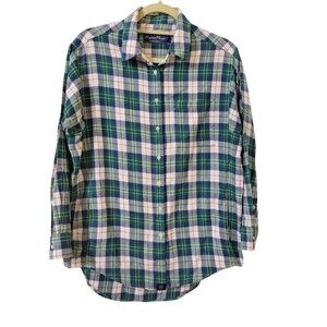 Lauren James Boyfriend Flannel Blue Green Plaid Button Down L/S Pockets Sz M A2